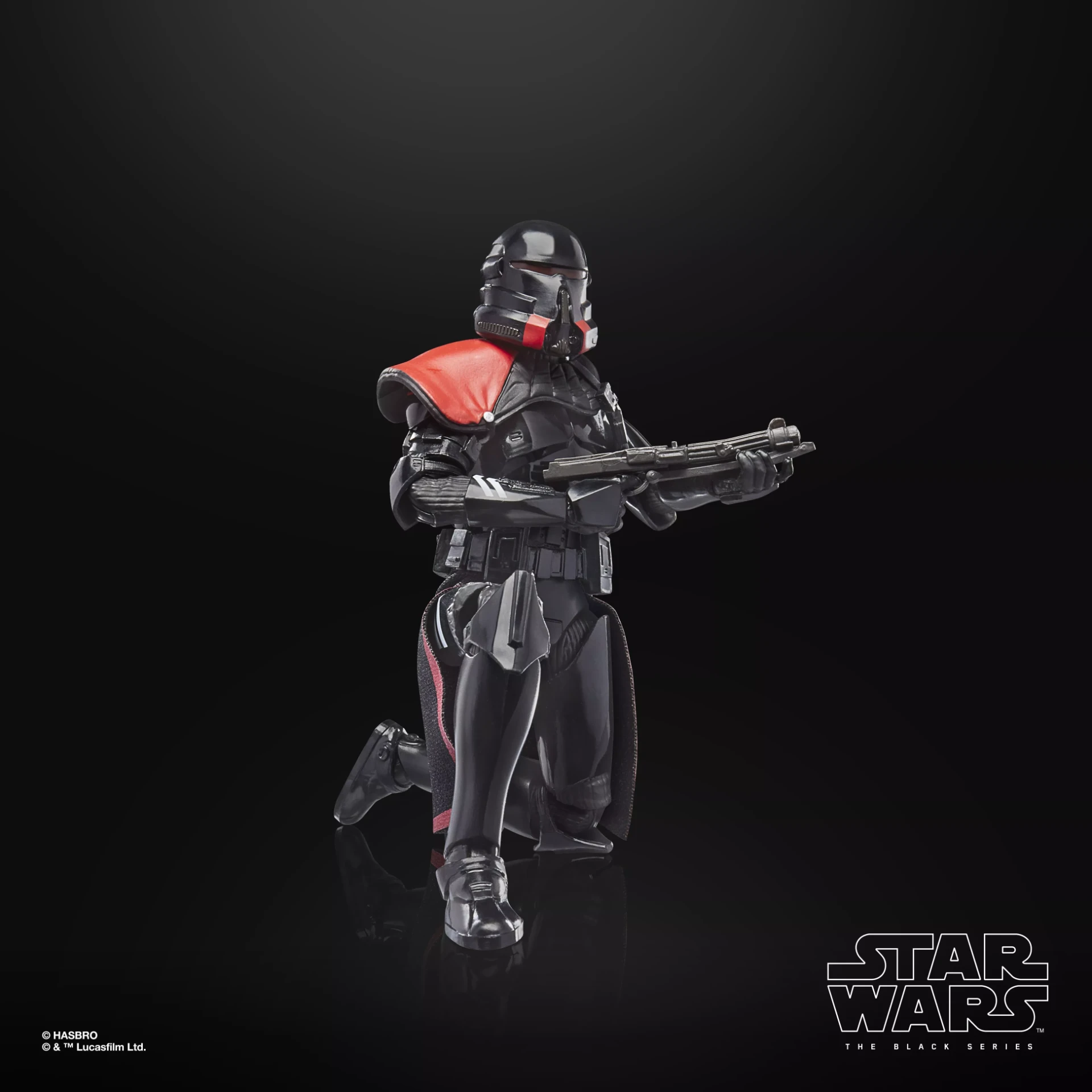 Star Wars The Black Series Purge Trooper action figure in black armor with red pauldron