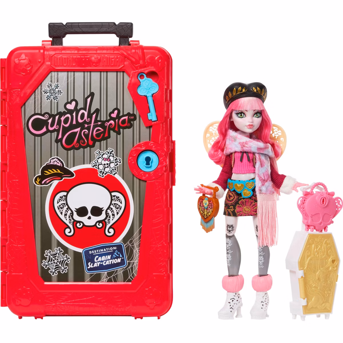 Monster High Skulltimate Secrets Cupid Asteria doll with pink hair, heart details, and a coffin suitcase