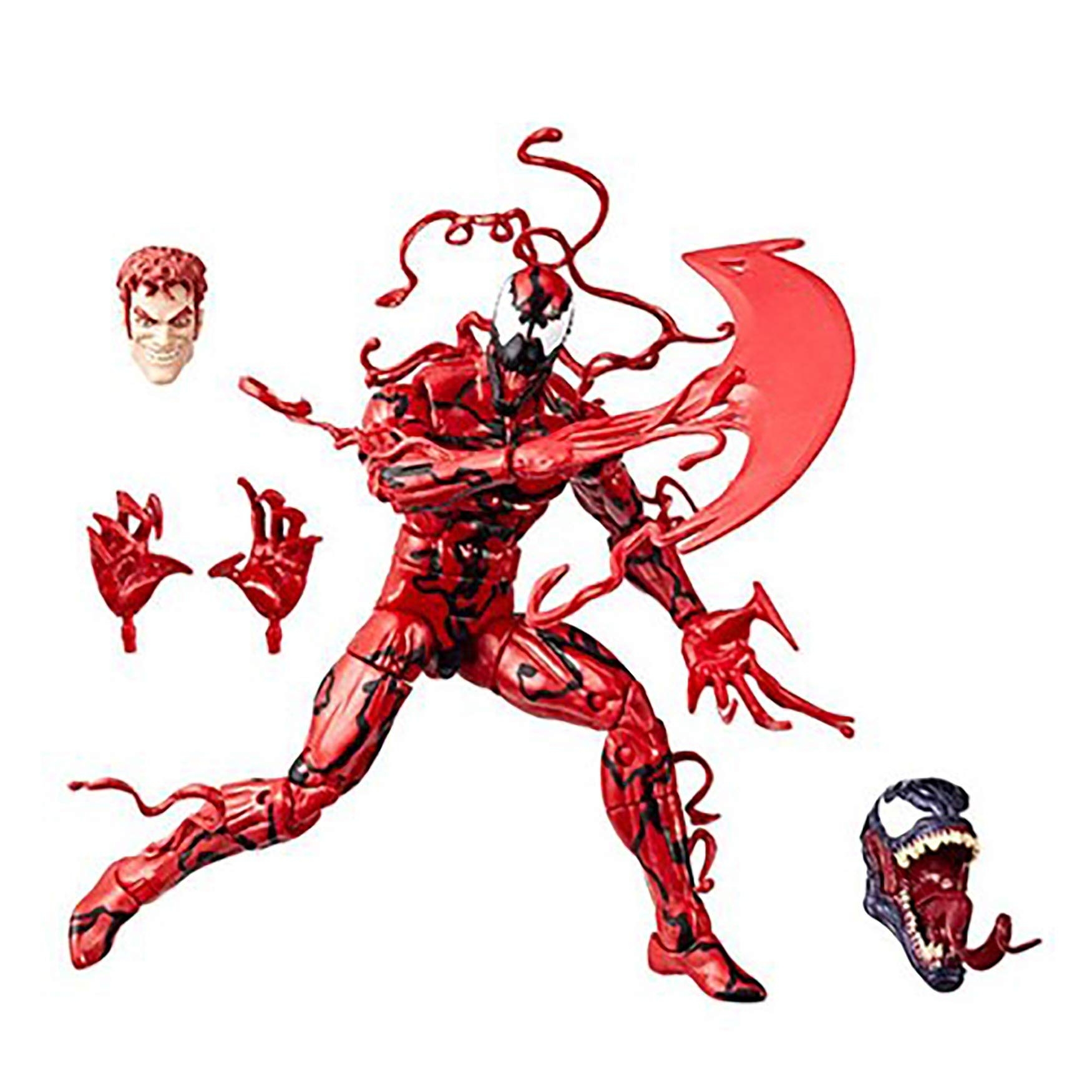 Marvel Legends Carnage figure with axe, tendrils, and alternate heads