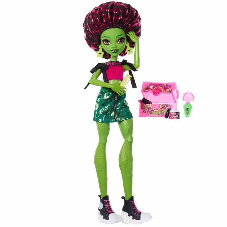 Monster High Self-Scare Venus McFlytrap plant monster doll with green and pink hair and self-care accessories