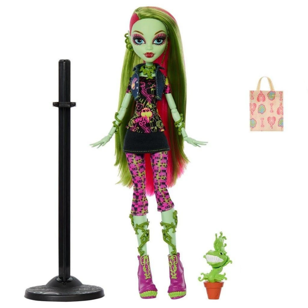 Monster High Booriginal Creeproduction Venus McFlytrap plant monster doll with green and pink hair, denim vest, and potted venus flytrap pet
