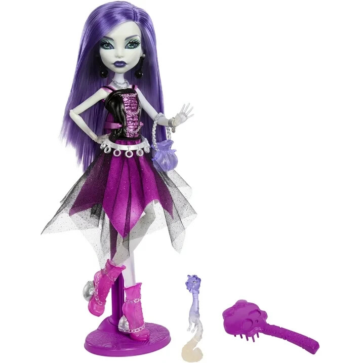 Monster High Booriginal Creeproduction Spectra Vondergeist ghost doll with purple hair, magenta tulle skirt, and pet ferret
