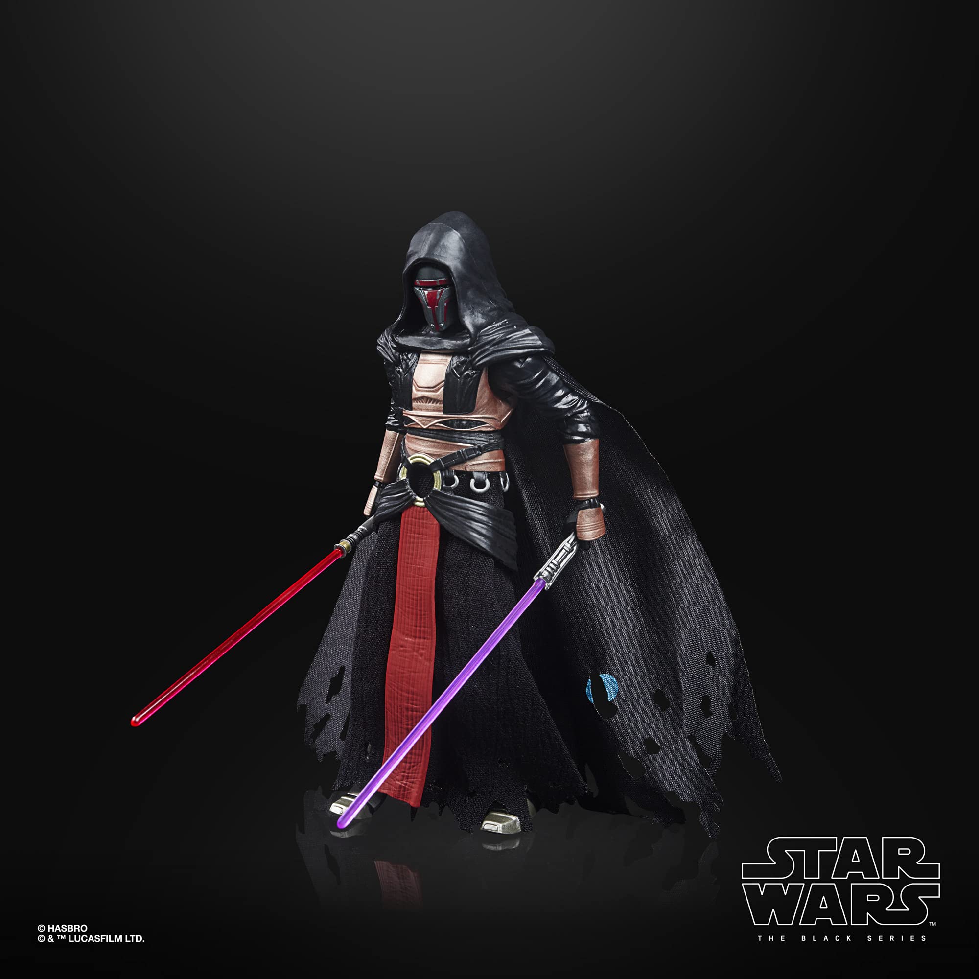 Star Wars The Black Series Darth Revan action figure with red and purple lightsabers