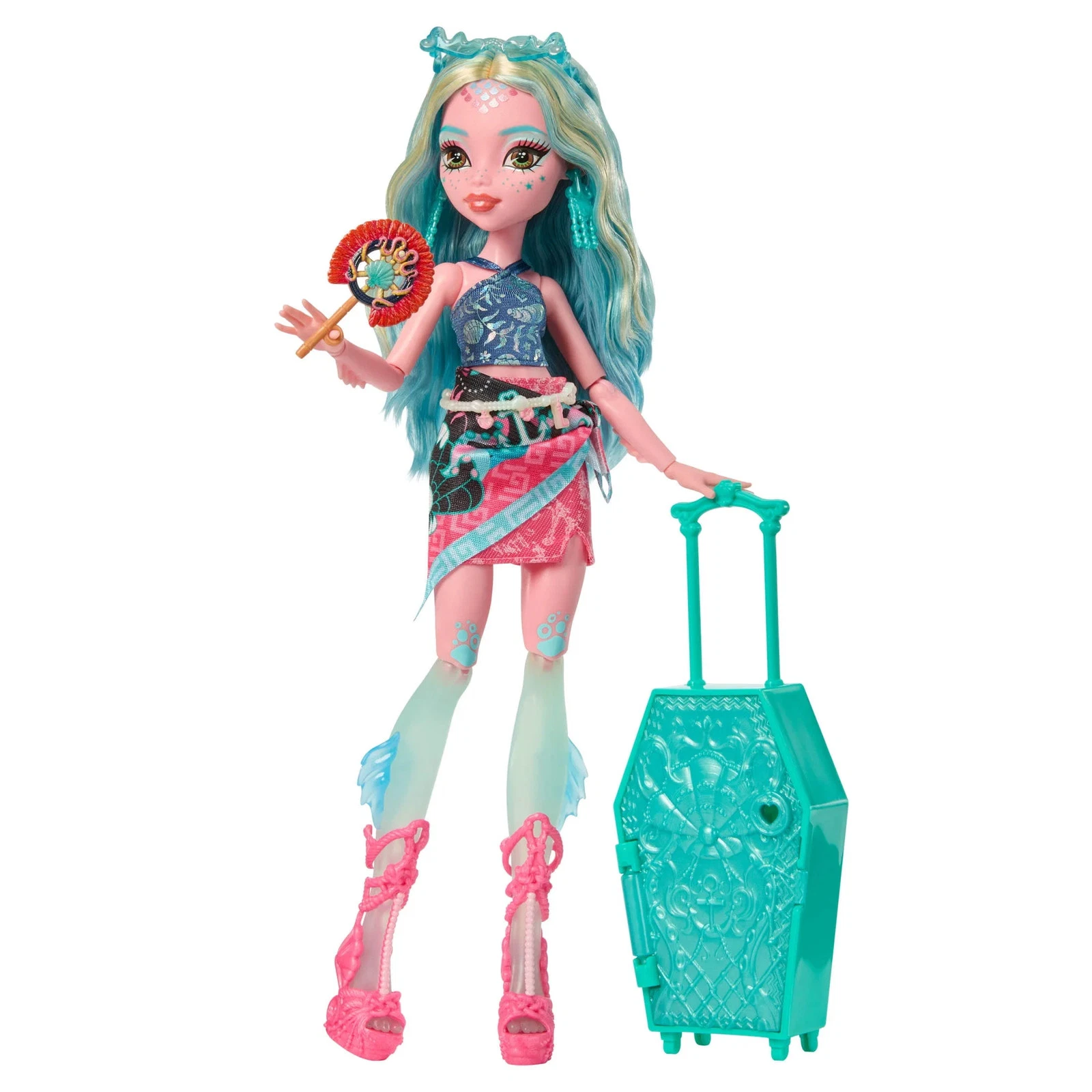Monster High Skulltimate Secrets Lagoona Blue doll with teal and blonde hair, fin legs, and a teal coffin suitcase