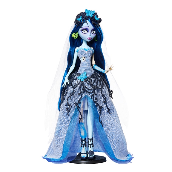 Monster High Skullector Corpse Bride doll with blue skin, blue hair, veil, and lace wedding gown