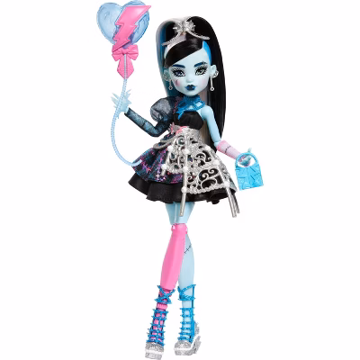Monster High Frankie Stein doll with stitched green skin, black and white hair, and lightning bolt accessories