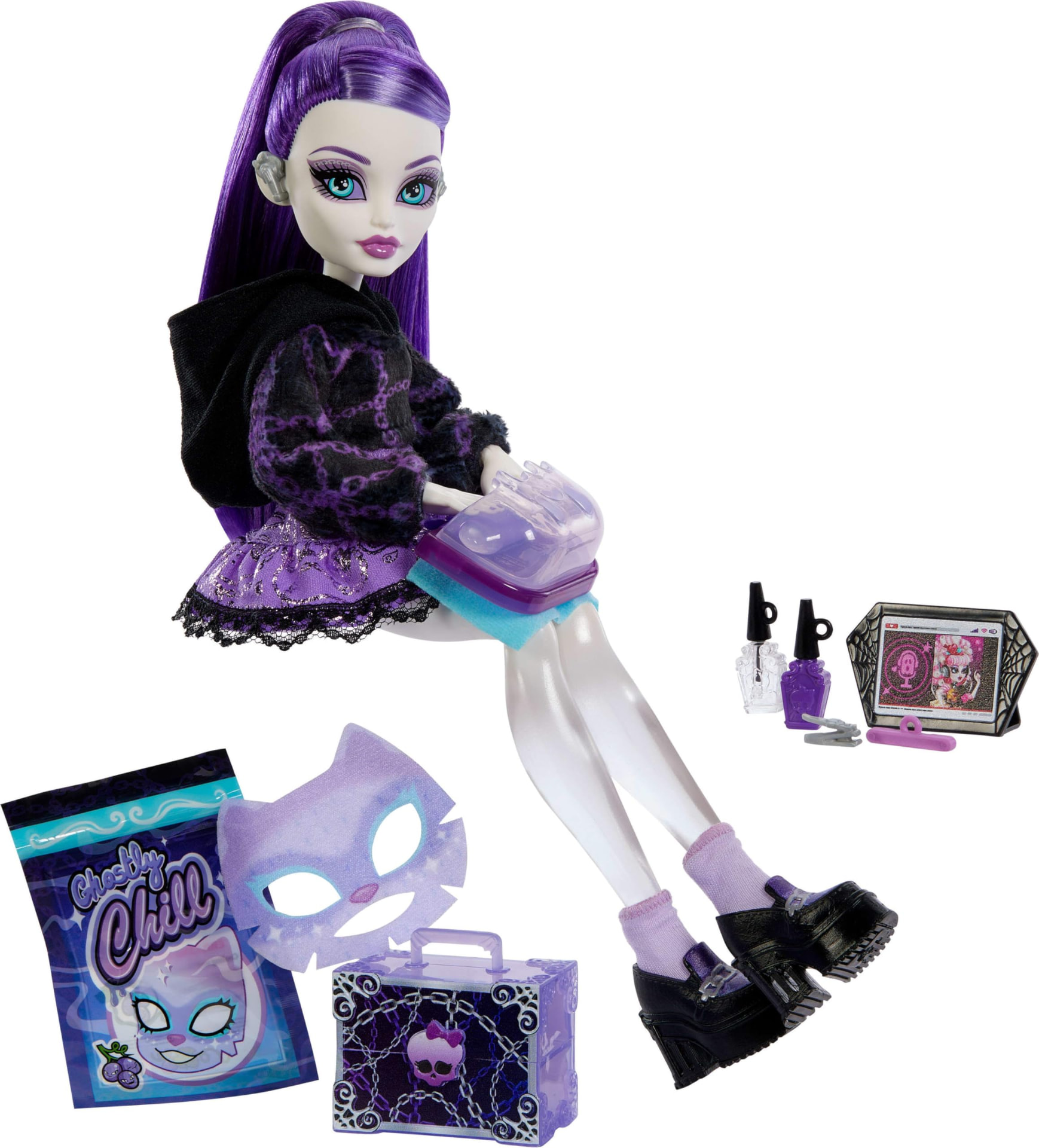 Monster High Self-Scare Spectra Vondergeist doll with purple hair, black and purple plaid jacket, and spa accessories